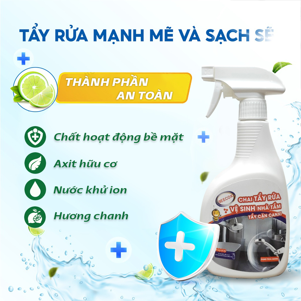 Chai xịt vệ sinh tẩy cặn nhà tắm Beecok hương chanh dung tích 500ml tẩy cặn canxi inox, vách kính