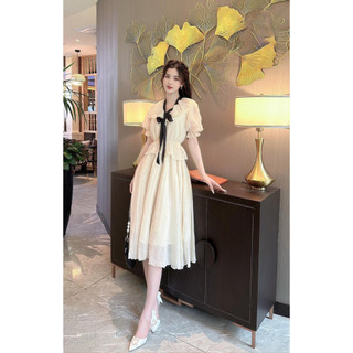 đầm lụa maxi bo eo cổ bẻ cột dây nơ ngắn tay