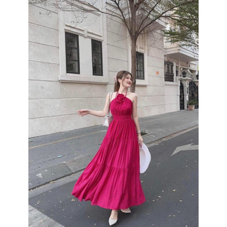 đầm lụa maxi bo eo cổ yếm bông