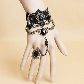 Vòng tay xỏ nối với nhẫn vòng cổ ren đen đính đá dây chuyền phong cách gothic punk cho nữ đá đen