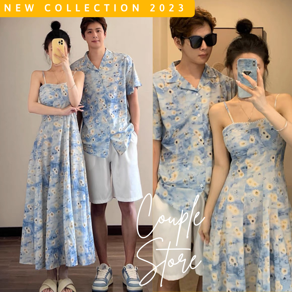 Đồ đôi nam nữ đẹp Set áo váy sơ mi Hàn Quốc dáng dài COUPLE STORE