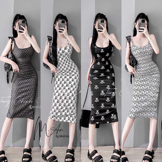 Đầm ba lỗ dáng dài thun gân in chữ hiệu
