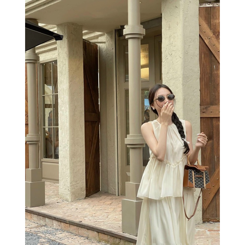 Áo peplum oganza 3 nơ sau + chân váy xoè dài xếp li