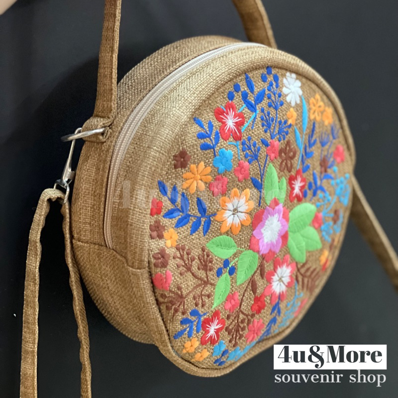 Túi vải xách tay đeo chéo hình tròn thêu thổ cẩm phong cách bohemian đi biển, dã ngoại