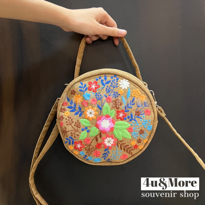 Túi vải xách tay đeo chéo hình tròn thêu thổ cẩm phong cách bohemian đi biển, dã ngoại