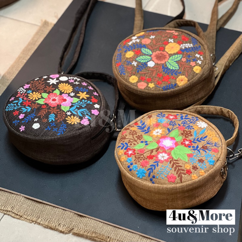 Túi vải xách tay đeo chéo hình tròn thêu thổ cẩm phong cách bohemian đi biển, dã ngoại