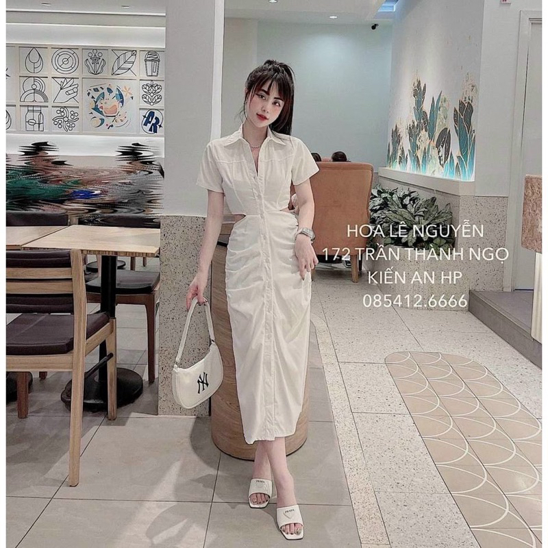 Váy trắng sơ mi khoét eo