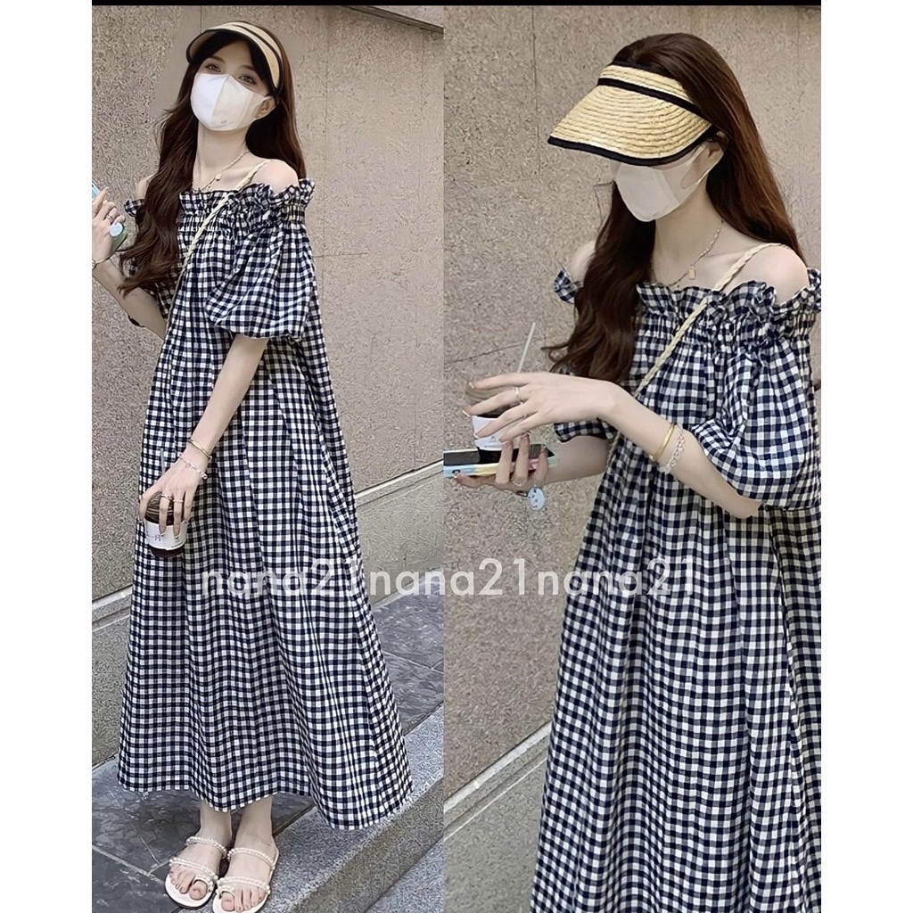 Váy kẻ caro maxi babydoll đi biển DORITA BOUTIQUE