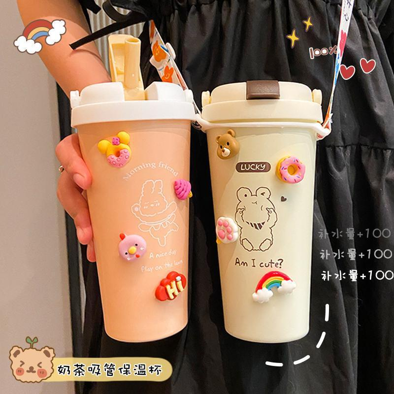 Ly giữ nhiệt, Cốc giữ nhiệt cầm tay kèm Sticker kèm dây đeo cute dễ thương có ống hút, dung tích 500ml