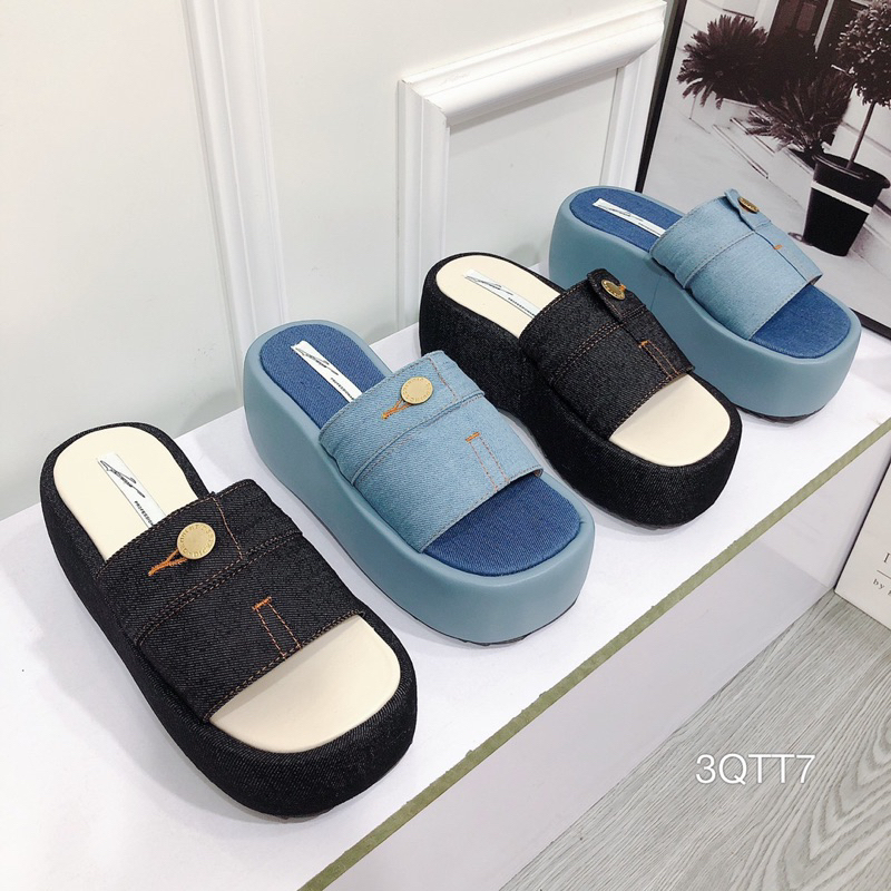 Dép Bánh Mì Xuồng Bọc Jean Nút Hot Êm Đẹp