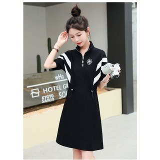 Đầm thun cổ sơ mi khóa kéo thêu hoa