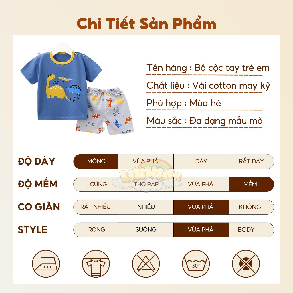 Bộ quần áo trẻ em, bộ cộc tay bé trai LiLiKids cotton siêu mát cho bé từ 7-19Kg, đồ bộ bé trai mặc nhà