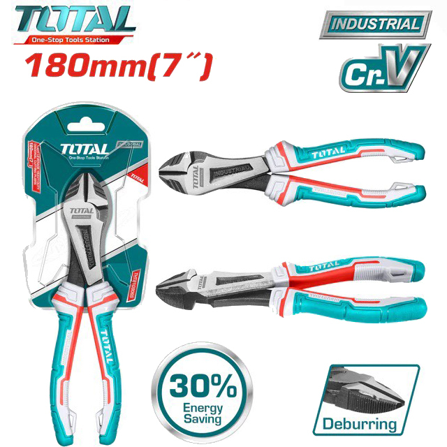 Kềm cắt đầu nặng cao cấp 7"/ 180mm TOTAL THT27716S, kìm cắt dây điện dùng chất liệu Cr-V, làm bóng & đen, phần tay cầm T