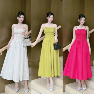 Váy đầm hai dây chạy chỉ cột nơ lưng kiểu dáng xòe trẻ trung xinh xắn