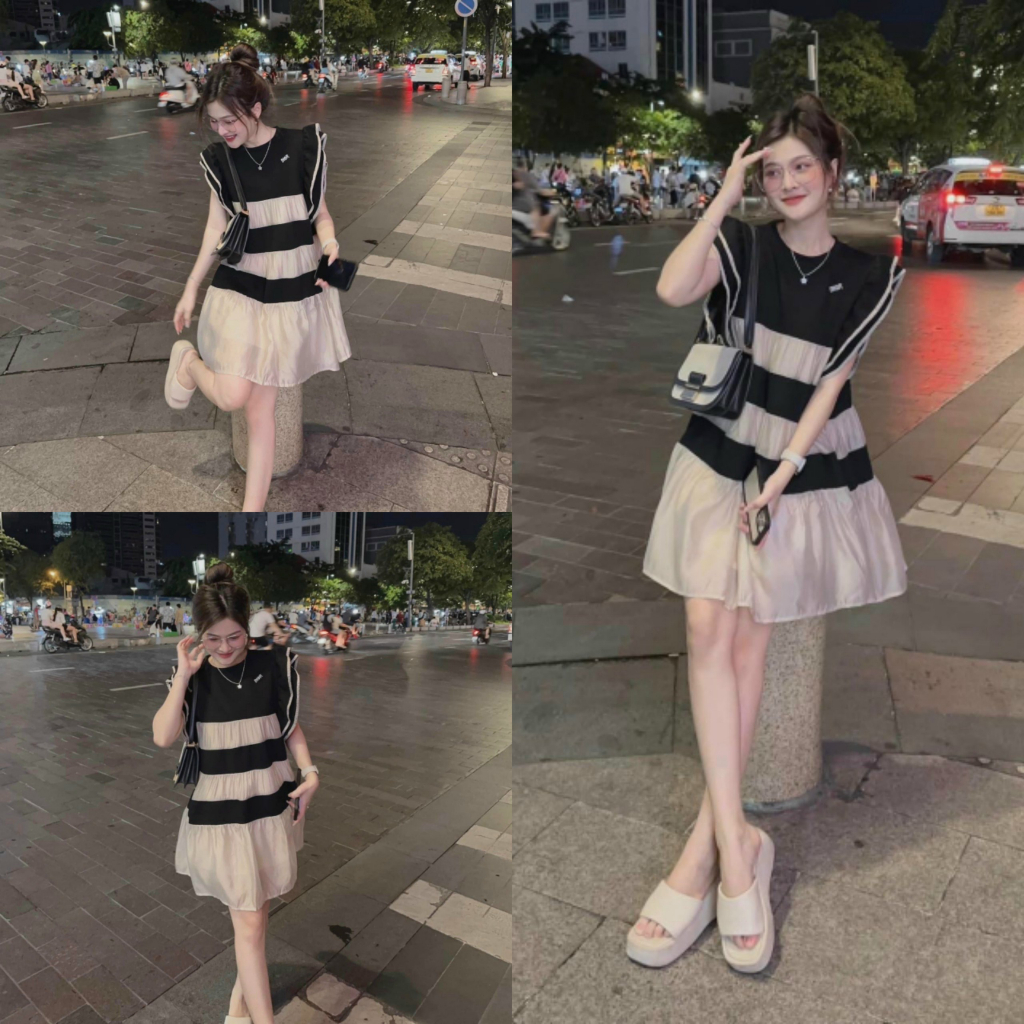 Đầm babydoll tay bèo lụa ý phối voan ánh tơ (kèm tag cài áo) HT0100
