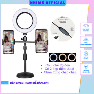 Đèn Livestream Để Bàn 3 Chế Độ Sáng - Kẹp 2 Điện Thoại Có Đèn Hỗ Trợ, Quay Tiktok, Make Up