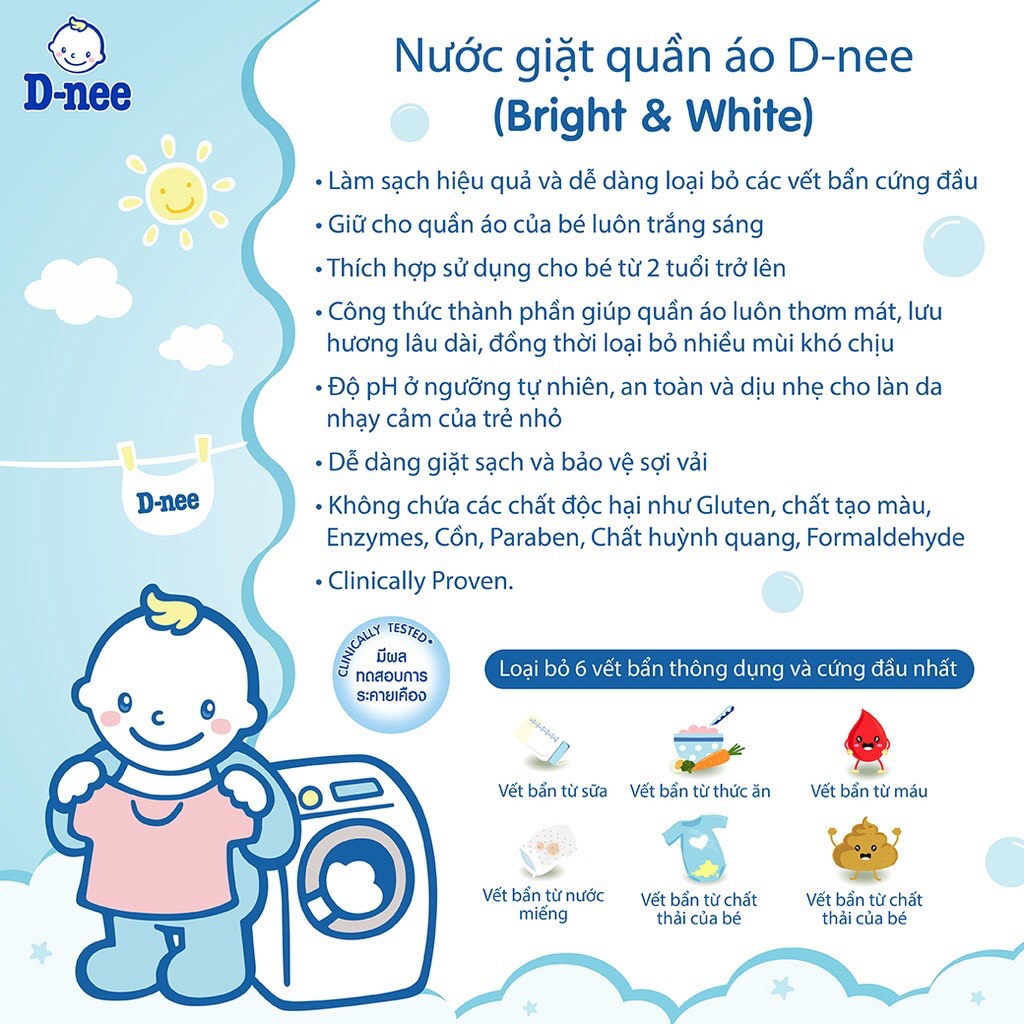 Nước giặt quần áo em bé Dnee 3000ml (Chính hãng có tem Đại Thịnh) ( màu tím/xanh dương/hồng/xanh lá/trắng ) chính hãng