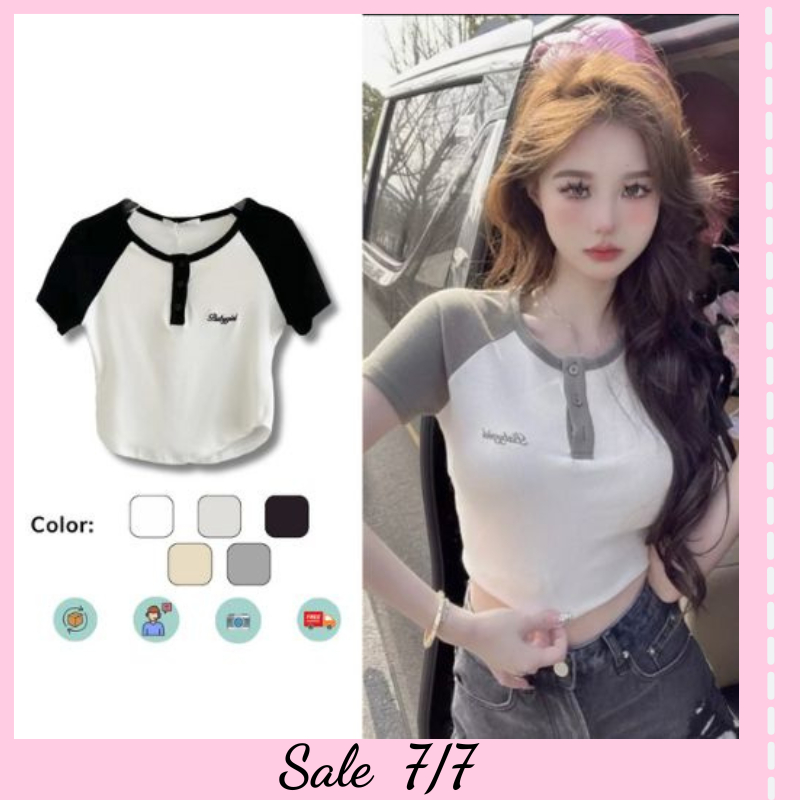 Áo thun Croptop ngắn tay cổ tròn BABYGID Nhiều Cúc Hot Trend, Áo phông cộc tay màu sắc tương phản thời trang mùa hè AP07 | BigBuy360 - bigbuy360.vn