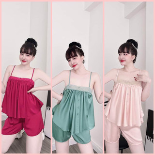 ✅ Sét đồ ngủ 2 dây quần đùi bèo chéo tà lụa satin dễ thương cao cấp