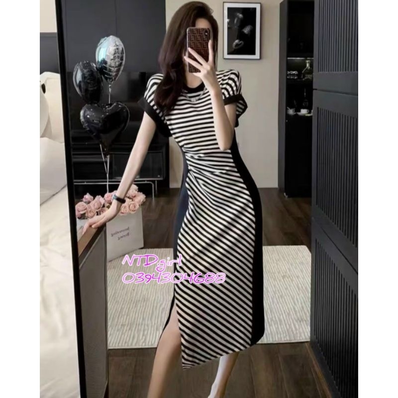 Hàng nhập - Đầm dáng ôm form dài thun mát lạnh, váy body dạo phố tay ngắn cổ tròn xẻ tà 1 bên