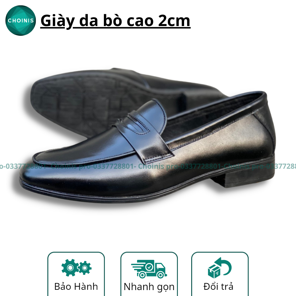 Giày tây da bò penny loafer choinis màu đen đế cao 2cm da bò thử lửa thiết kế tối giản sang trọng size từ 38-43