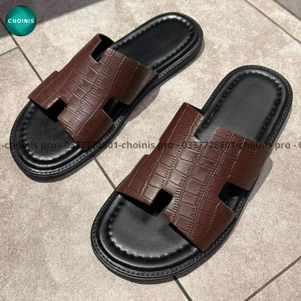 Dép da bò quang ngang choinis màu độc lạ đế vuông thiết kế năng động nam tính dành cho nam