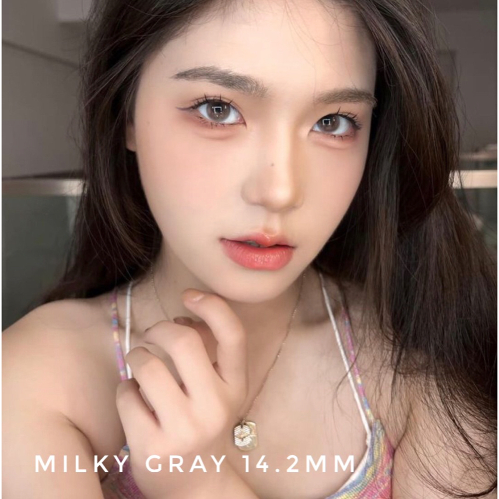 Lens độ giãn 14.2 tự nhiên Milky Xám Đen Đi Học Đi Làm Tặng Khay Gương Dụng Cụ