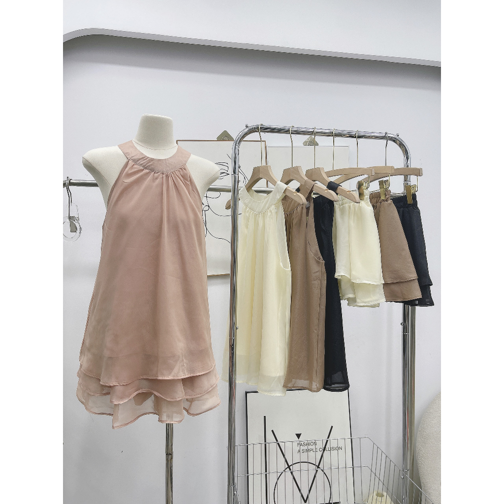 Set áo tơ cổ yếm áo sát nách hai lớp kèm chân váy tầng ba lớp tiểu thư bánh bèo đi chơi đi du lịch S8701 - CHAKOVET