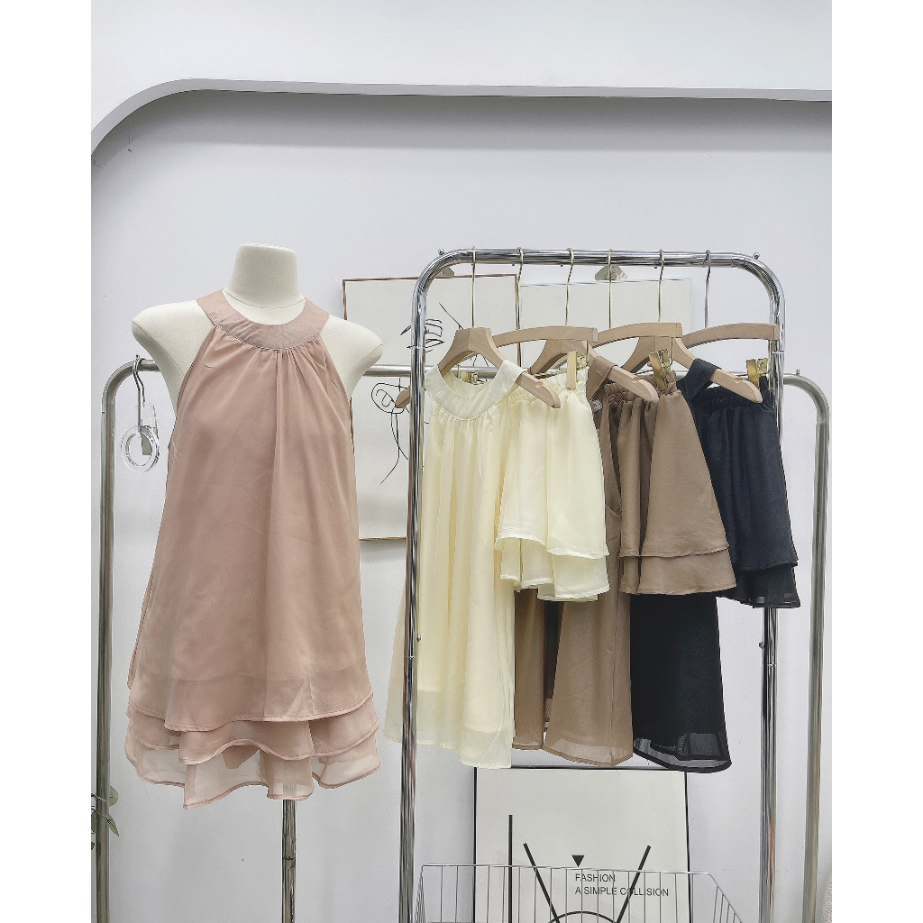 Set áo tơ cổ yếm áo sát nách hai lớp kèm chân váy tầng ba lớp tiểu thư bánh bèo đi chơi đi du lịch S8701 - CHAKOVET