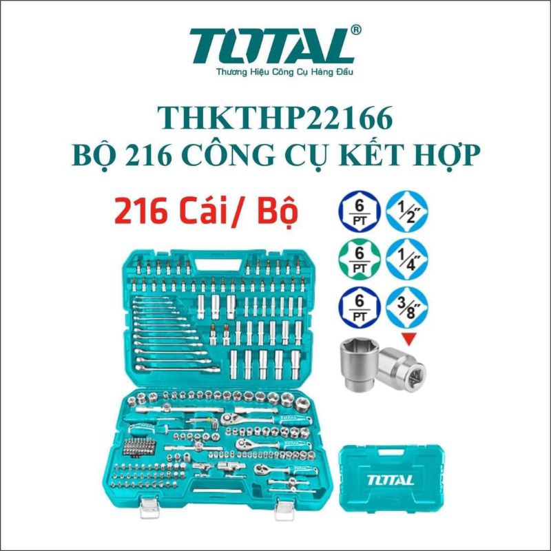 Bộ công cụ 216 chi tiết và cần siết 2 chiều 1/4 + 3/8 + 1/2 inch TOTAL THKTHP22166