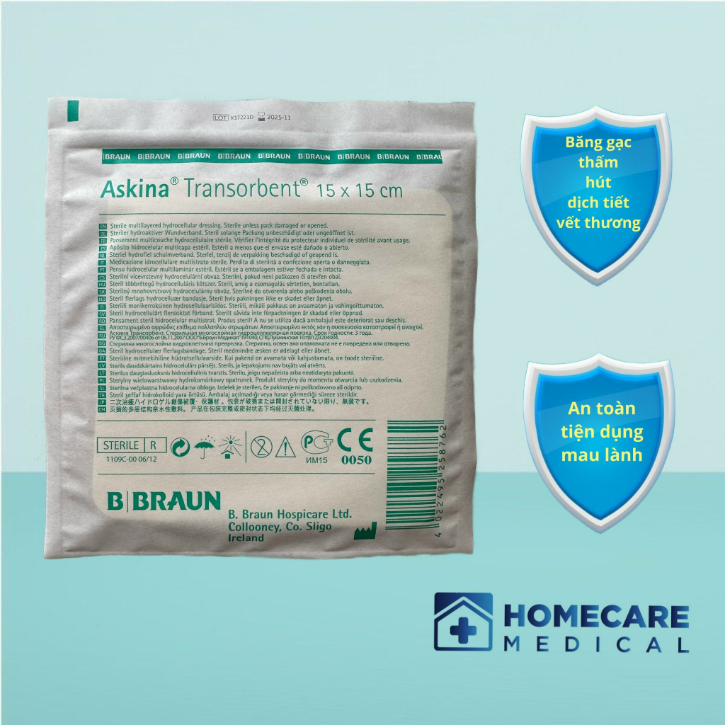 Băng gạc thấm hút dịch tiết và giảm tải lực tì đèASKINA TRANSORBENT 15 x15CMcân bằng độ ẩm tối ưu cho vết thương