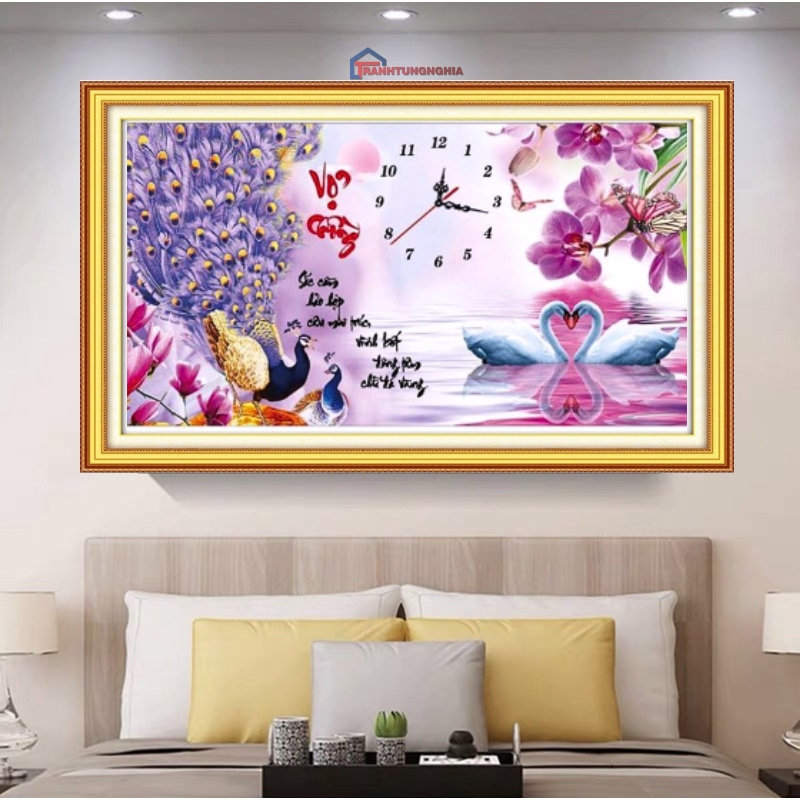 Tranh thêu chữ thập đồng hồ vợ chồng công 65cm x 38cm