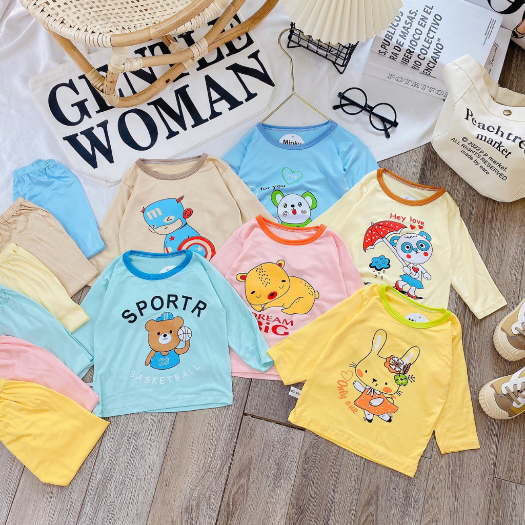 Bộ Dài Tay MinKy Mom Áo Cổ Viền In Hình Bụng Quần Dài Trơn Thun Lạnh Cho Bé (HN)