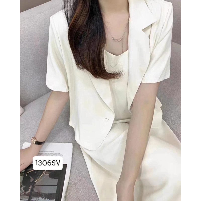 Set váy 2 dây kèm áo blazer cộc tay mẫu mới 2023