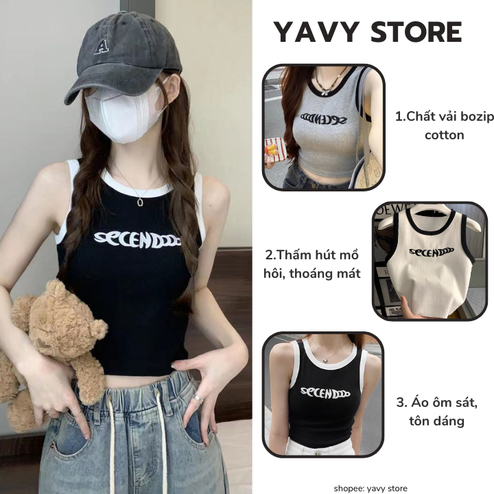 Áo croptop Ba lỗ nữ ôm thun bozip YaVy siêu tôn dáng, Ba lỗ viền màu thêu chữ cá tính trẻ trung AO016