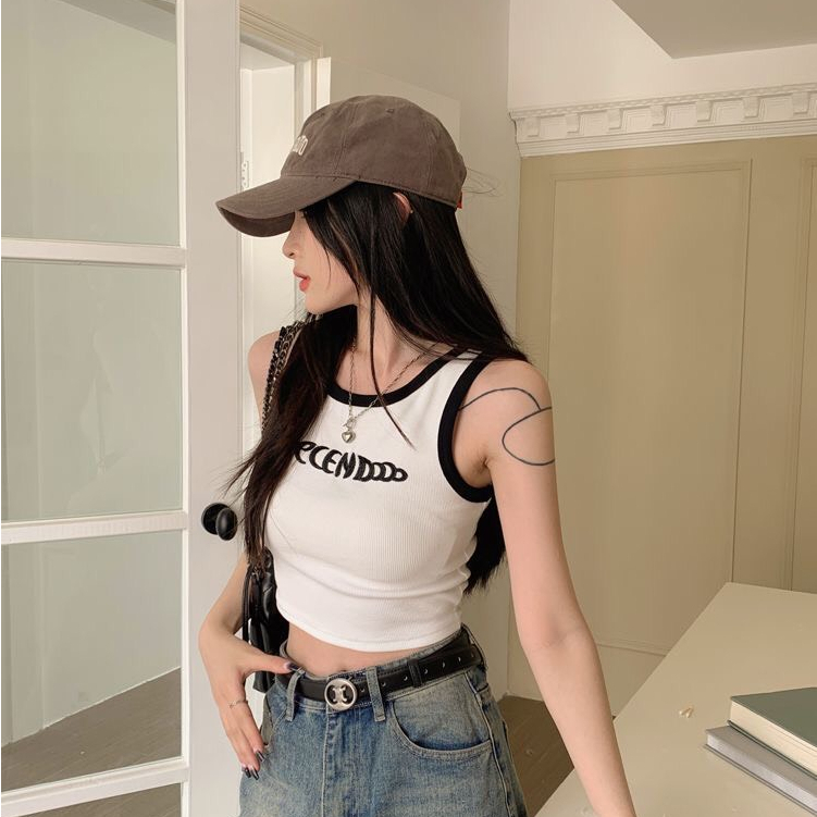 Áo croptop Ba lỗ nữ ôm thun bozip YaVy siêu tôn dáng, Ba lỗ viền màu thêu chữ cá tính trẻ trung AO016