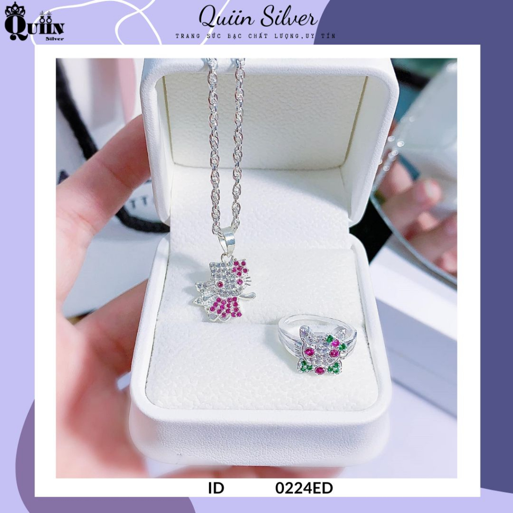 Bộ trang sức bạc ta, bạc S925 Quiin - Vòng cổ, nhẫn hình Hello Kitty dành cho bé gái 0224ED