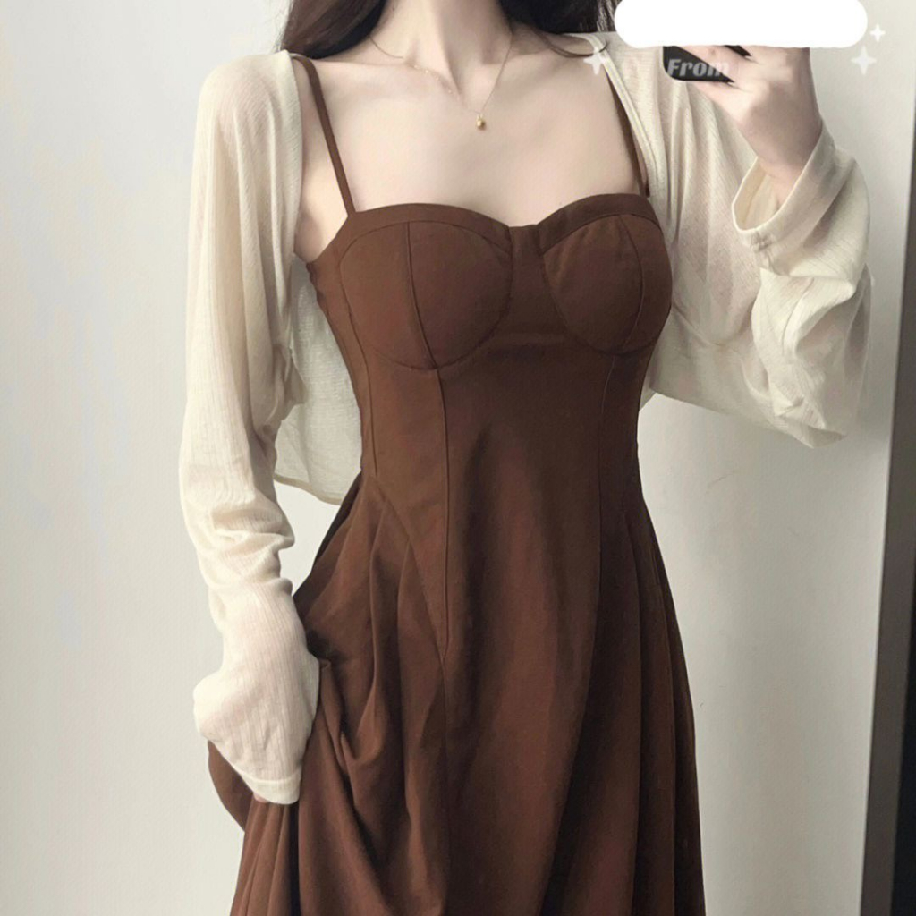 Váy xoè 2 dây dáng dài liền thân + áo cardigan tay dài croptop hàng Quảng Châu cao cấp