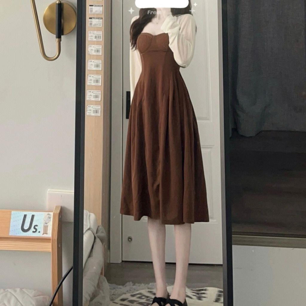 Váy xoè 2 dây dáng dài liền thân + áo cardigan tay dài croptop hàng Quảng Châu cao cấp