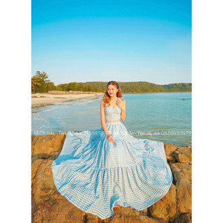 MOON BOHO - SET MAXI CARO NƠ VAI - MÀU XANH BIỂN