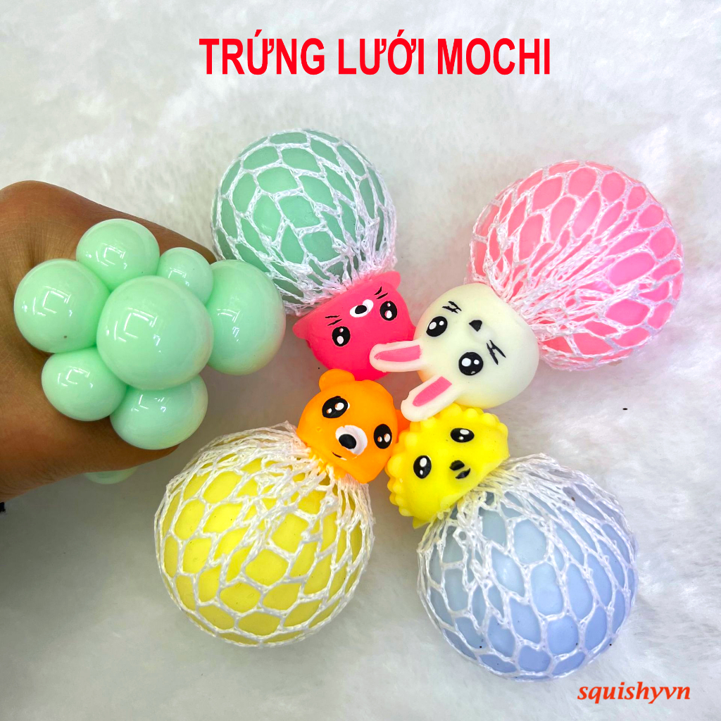 Trứng lưới Mochi Squishy quả nho trút giận có con mochi ngồi trên đầu trứng lười gudetama