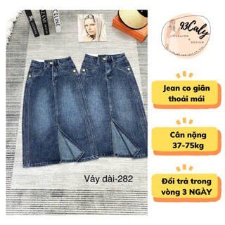 [BIGSIZE 75kg]-282 Chân váy dài co giãn thoải mái đính cúc vàng xẻ trước, CV Jean Nữ Xẻ Dài Qua Gối QCCC HOT2023-282