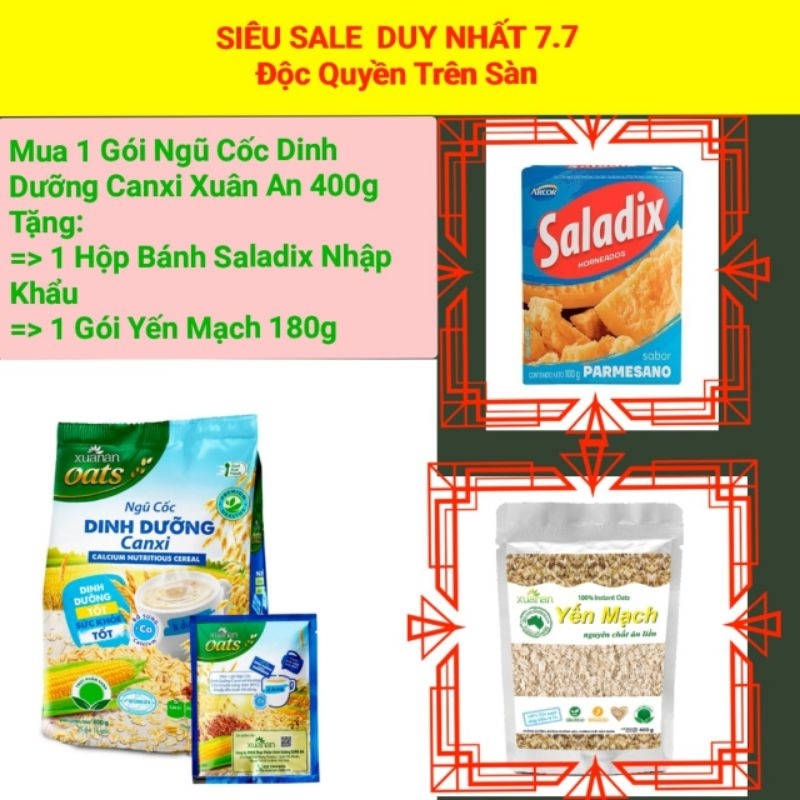 Ngũ Cốc Dinh Dưỡng Canxi ít đường Xuân An 400g( Tặng kèm 1 gói YM 180g & 1 Hộp Bánh Saladix) HSD 10.2023