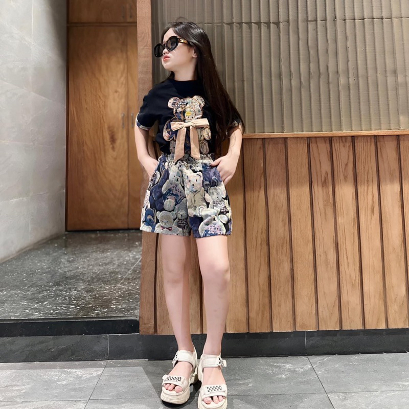 Bộ Gấu Nơ quần gấm siêu đẹp cho bé gái