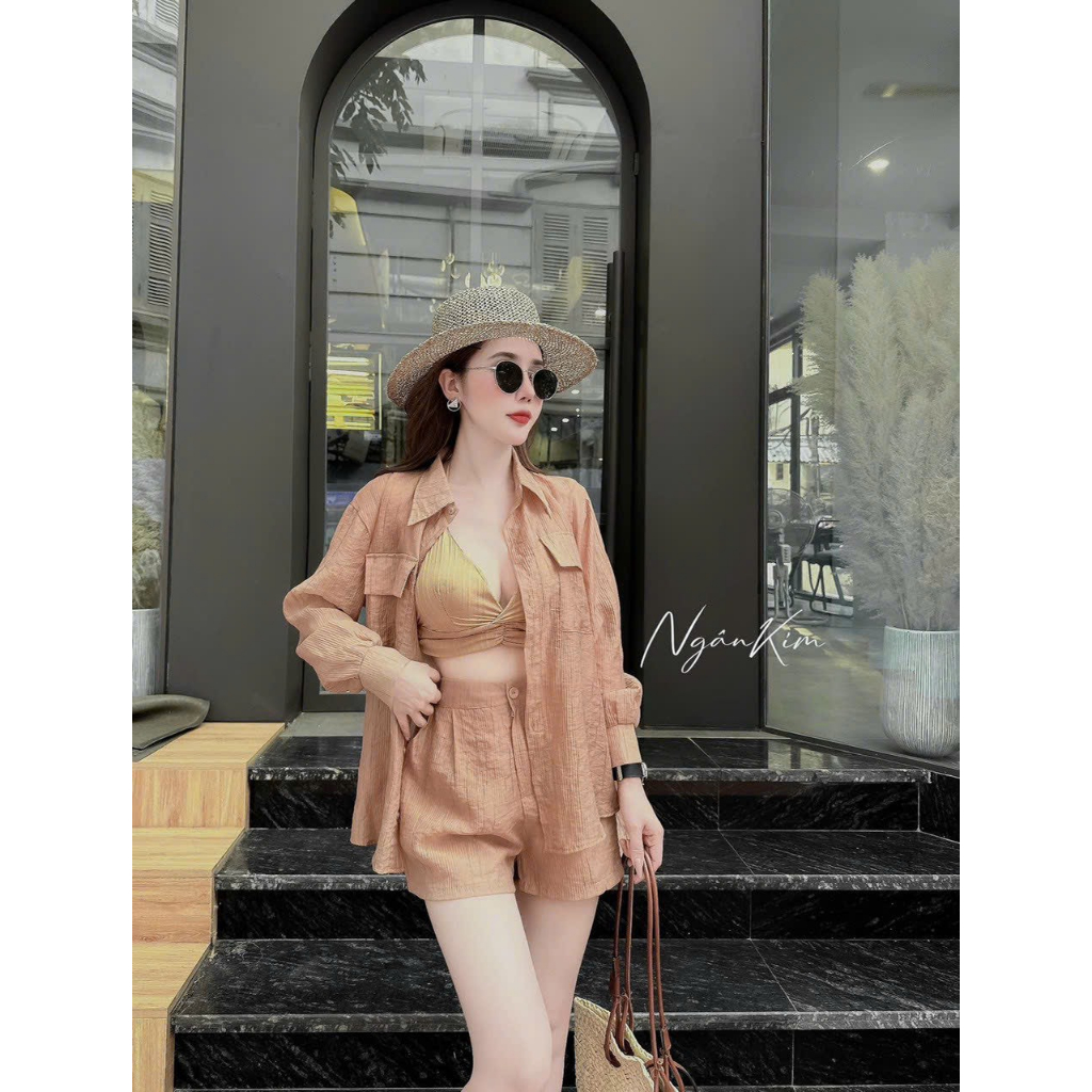 Set đồ 3 món thời trang nữ áo sơ mi kèm áo bra hàng loại 1 kết hợp quần shorrt đùi siêu sành điệu mặc đi dạo biển xinh