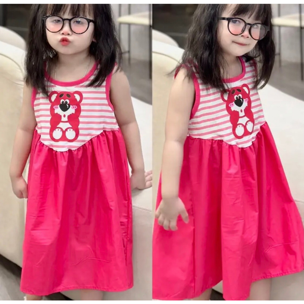 Váy maxi gấu dâu lotso sát nách cho bé mặc hè, đi chơi, đi biển
