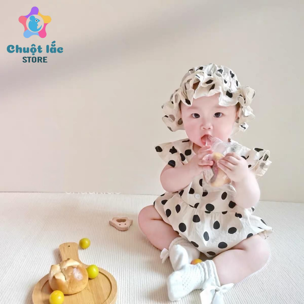Body cho bé gái tay cánh tiên chấm bi tặng kèm mũ sơ sinh đến 18 tháng