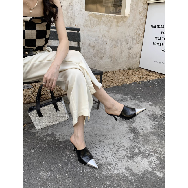 Sục mũi nhọn cao gót thời trang nữ mùa hè hở gót da trơn bóng đẹp 2023
