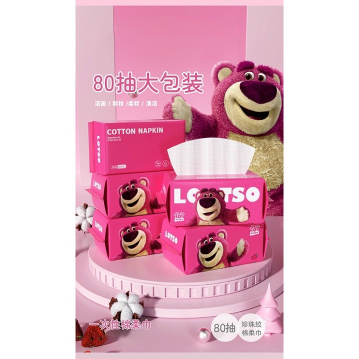 Khăn mặt khô gấu dâu Lotso, Khăn Lau Mặt dùng 1 lần lau khô,Lau ướt Giấy lau mặt dùng 1 lần
