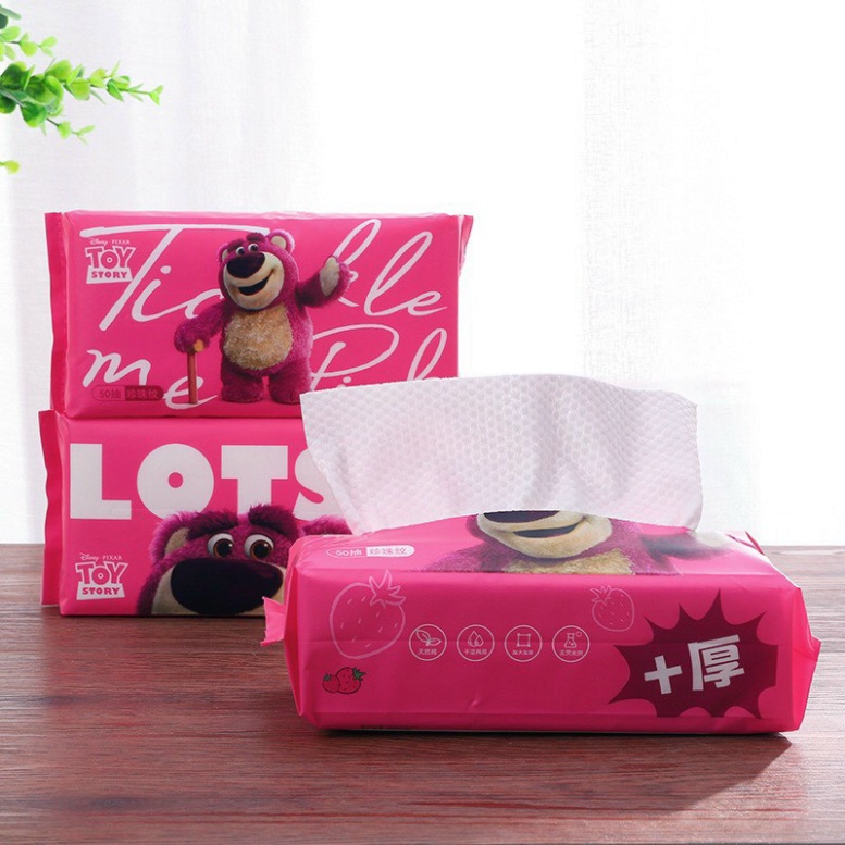 Khăn mặt khô gấu dâu Lotso, Khăn Lau Mặt dùng 1 lần lau khô,Lau ướt Giấy lau mặt dùng 1 lần